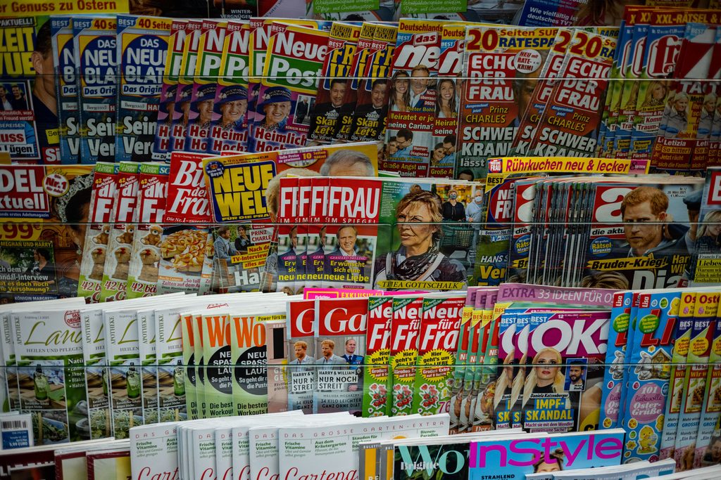 Magazines on a shelf