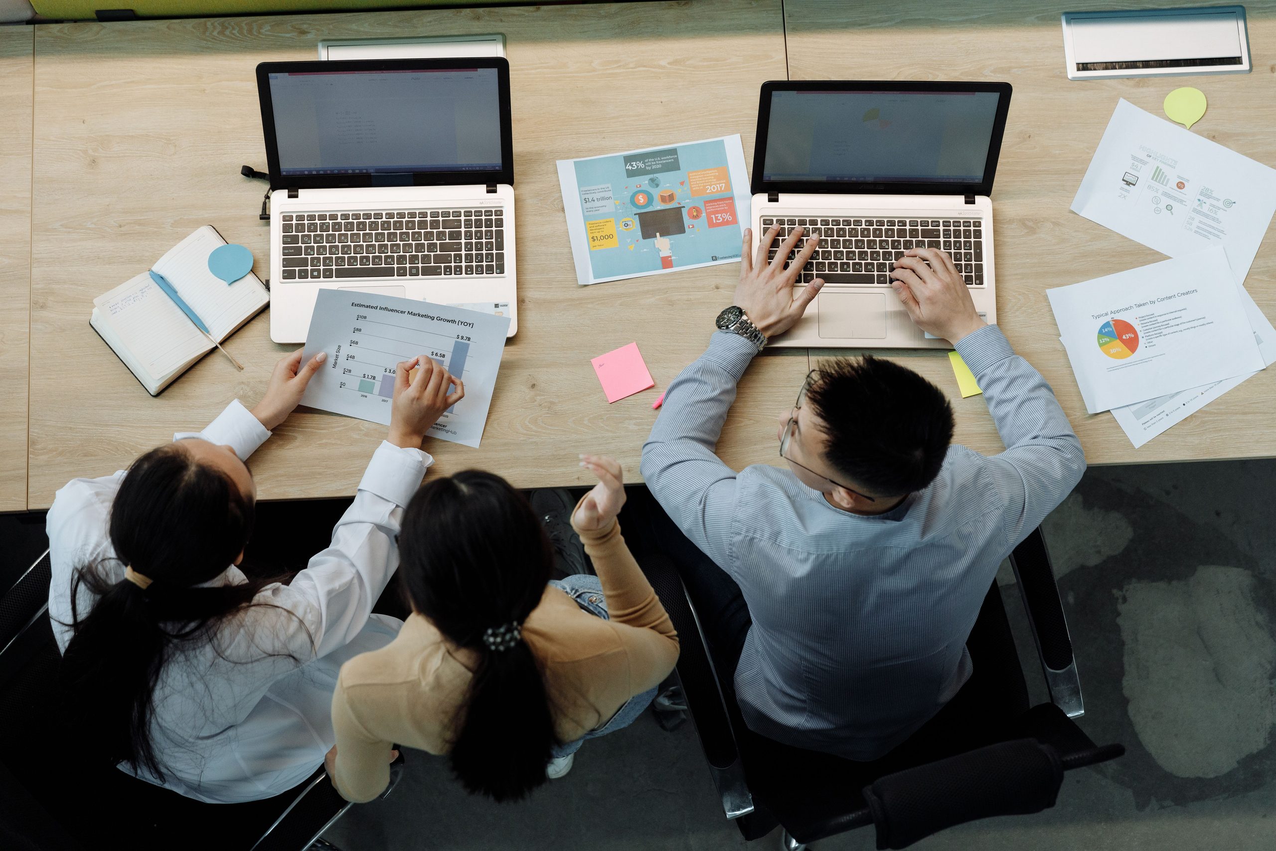 Three people looking on laptops